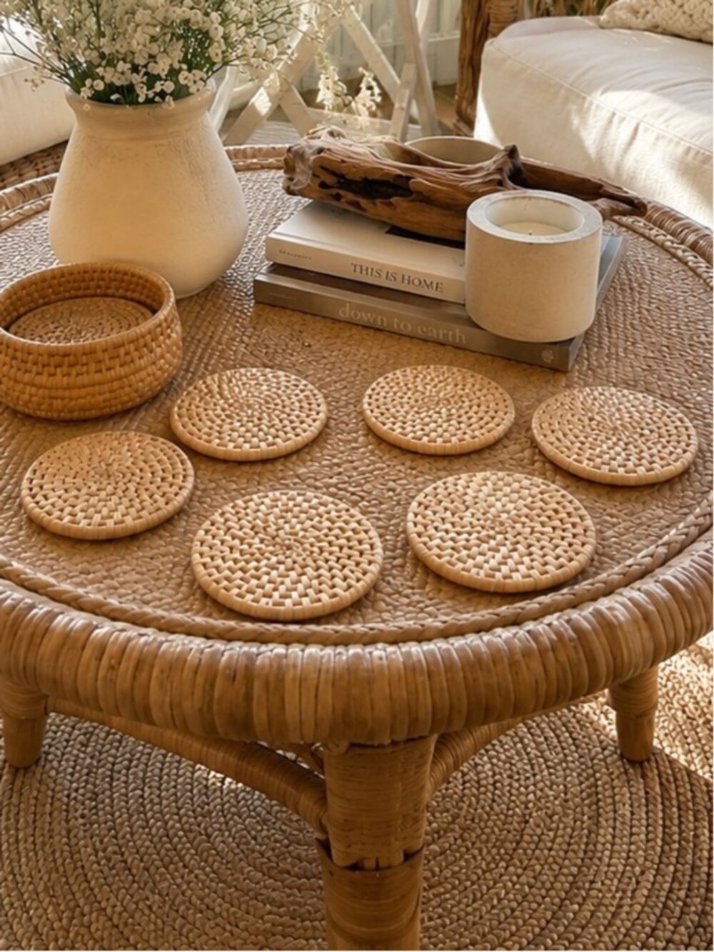 Vintage Rattan Wicker Coaster Set Holder Boho Bohemian Tiki Bar Drink Decor 70s